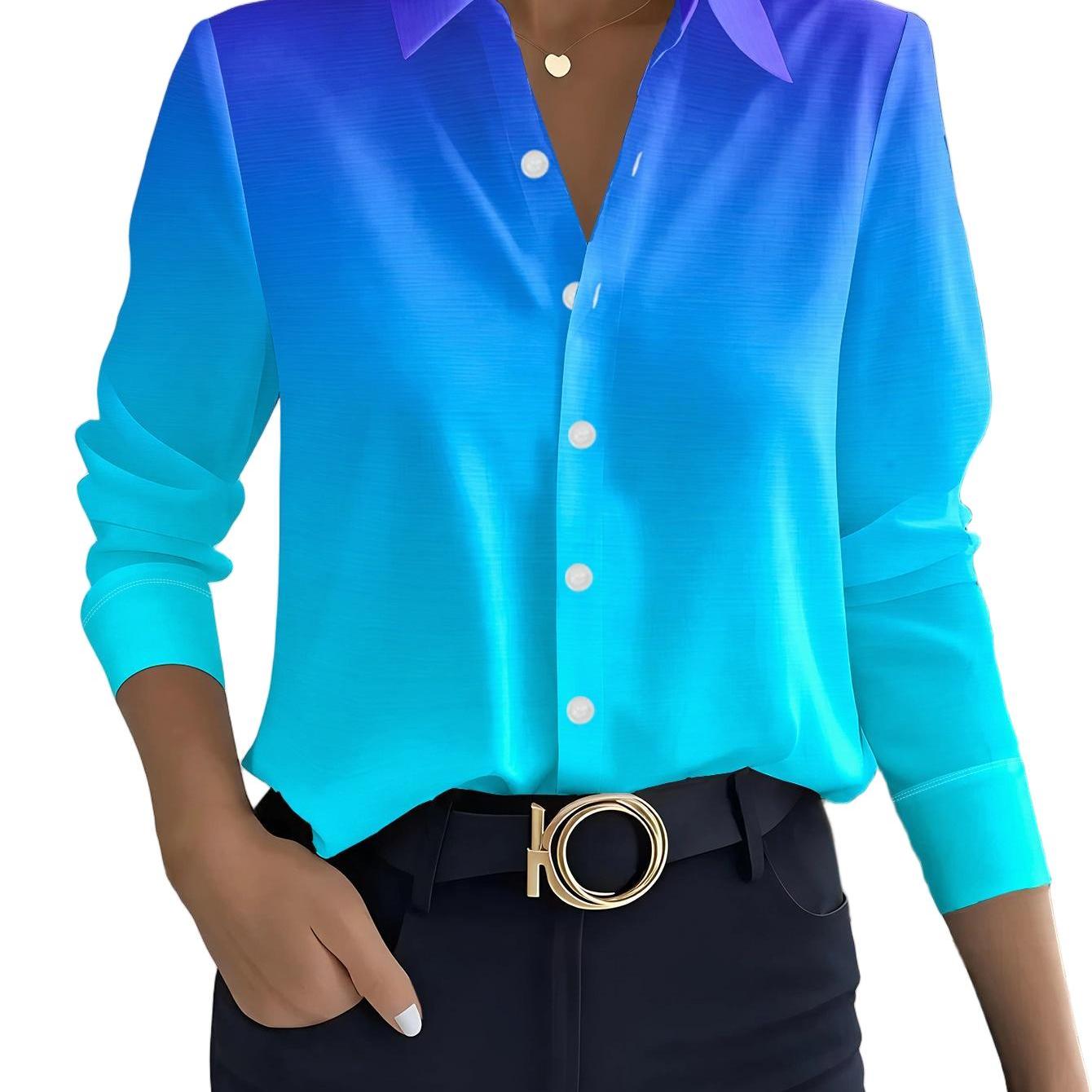 TEMU Printed Design - Not Textured Autumn Blue-purple Gradient Solid Color Women's Lapel Long Sleeve Button-up Shirt, Easy Premium Drapey Satin