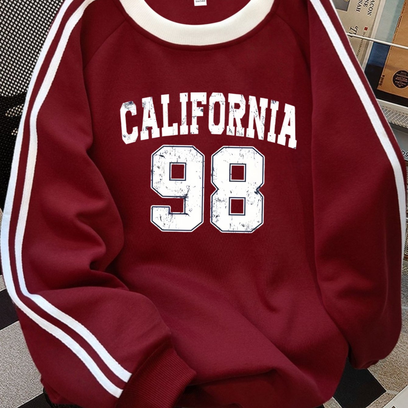 TEMU Nouveau sweat-shirt simple et pour femme à col ras du cou pour -hiver avec lettres California et rayures verticales, numéro 98, haut de sport
