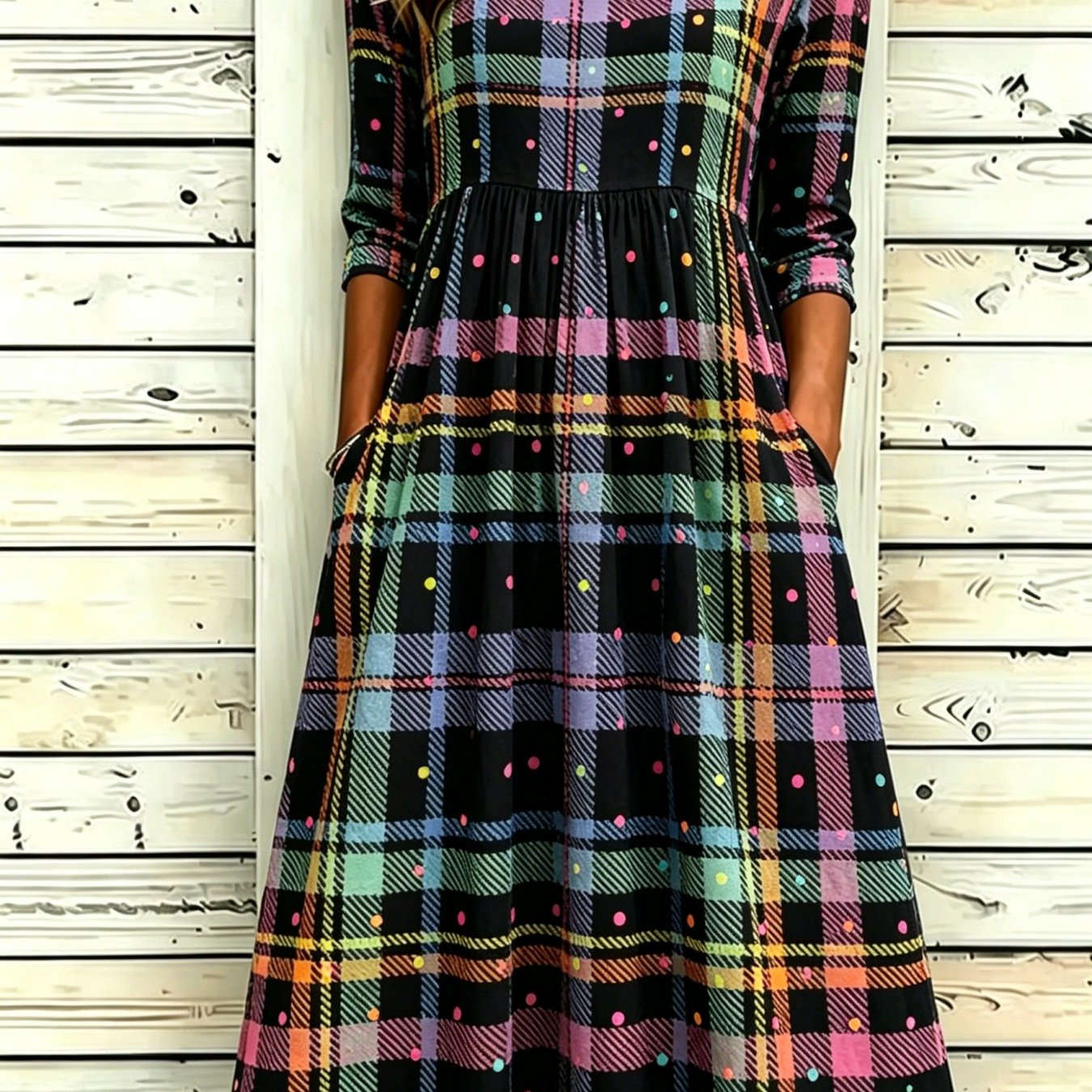 Women's Mid-length Dress With Polka -print Pattern, Round Neckline, And Pockets