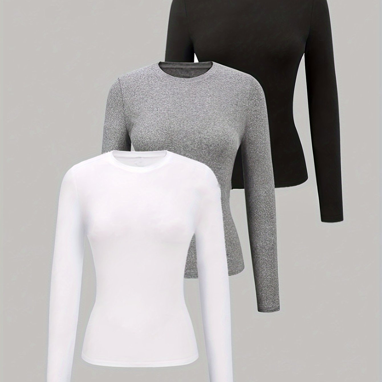 3-pack Women's Long Sleeve T-shirts, Crew Neck Polyester Knit Fabric, Solid Color Fall/winter Tops, 95% Polyester 5% Elastane, Regular Sleeve, Medium Stretch - 220g/m²