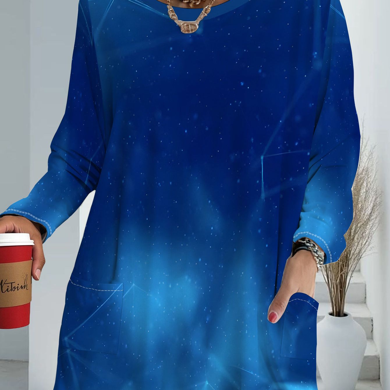 TEMU Women's Plus Size Starry Sky Gradient Blue Long Sleeve Loose Fit T-shirt With Pockets, Fashionable Casual Top