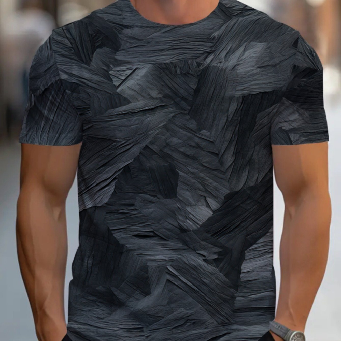 TEMU Trendy Short-sleeve T-shirt For Men Made Of, Featuring A Dark Gray Geometric Pattern. Lightweight And Sturdy, Ideal For Casual , , And Everyday
