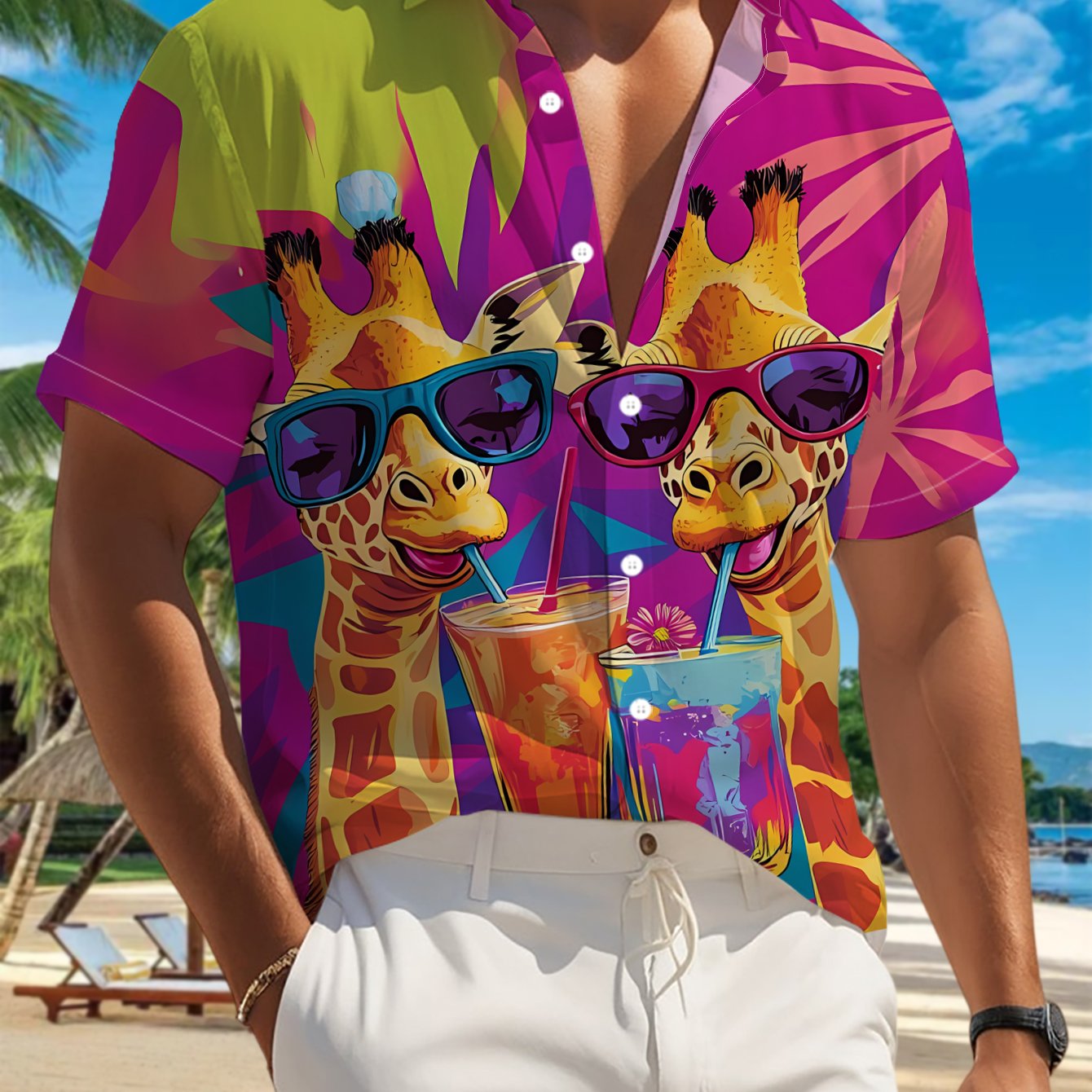 TEMU 's Casual Short-sleeve Shirt Featuring Glasses And A Giraffe Toasting Drinks, Perfect For And Festive Gatherings. Versatile For Commuting, Made