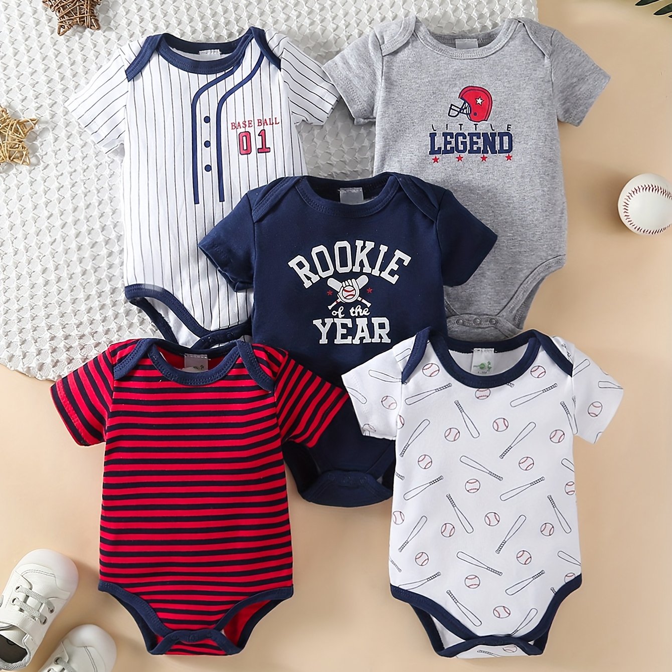 TEMU 5pcs Set Of Baby Boys' Short Sleeved Cartoon Jumpsuit, Ha Yi, Baby Boys' Baseball Sports Crawling Suit, Perfect For Outdoor