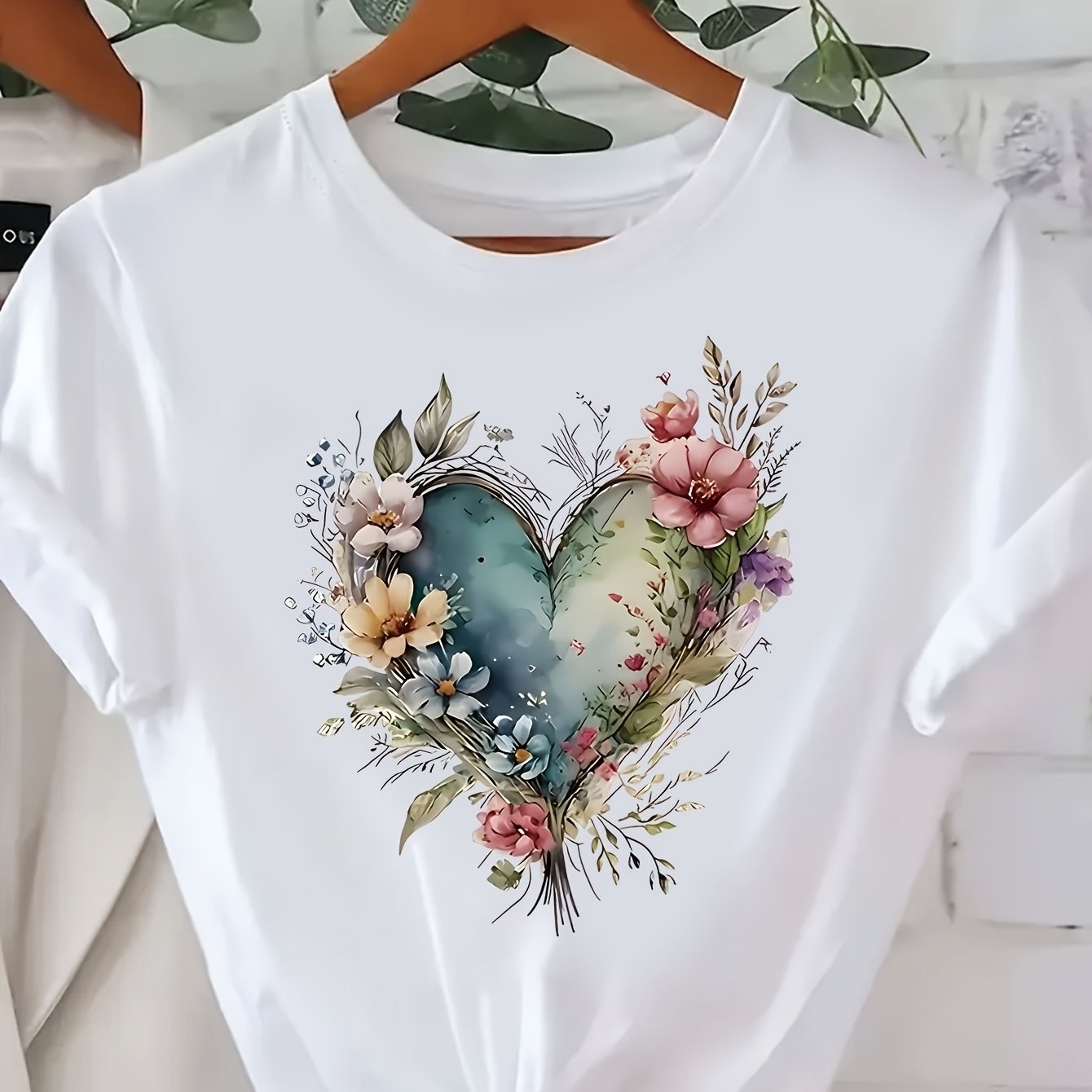 TEMU Heart Pattern Print This Product Is Designed As A Printed Pattern T-shirt Short Sleeve Round Neck Casual Top Women's Clothing