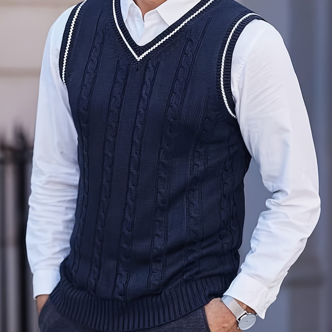 TEMU Chaleco de punto sin para hombre, corte ajustado y cuello en V - Ropa y elástica de estilo universitario para y otoño, lavable a , color liso,