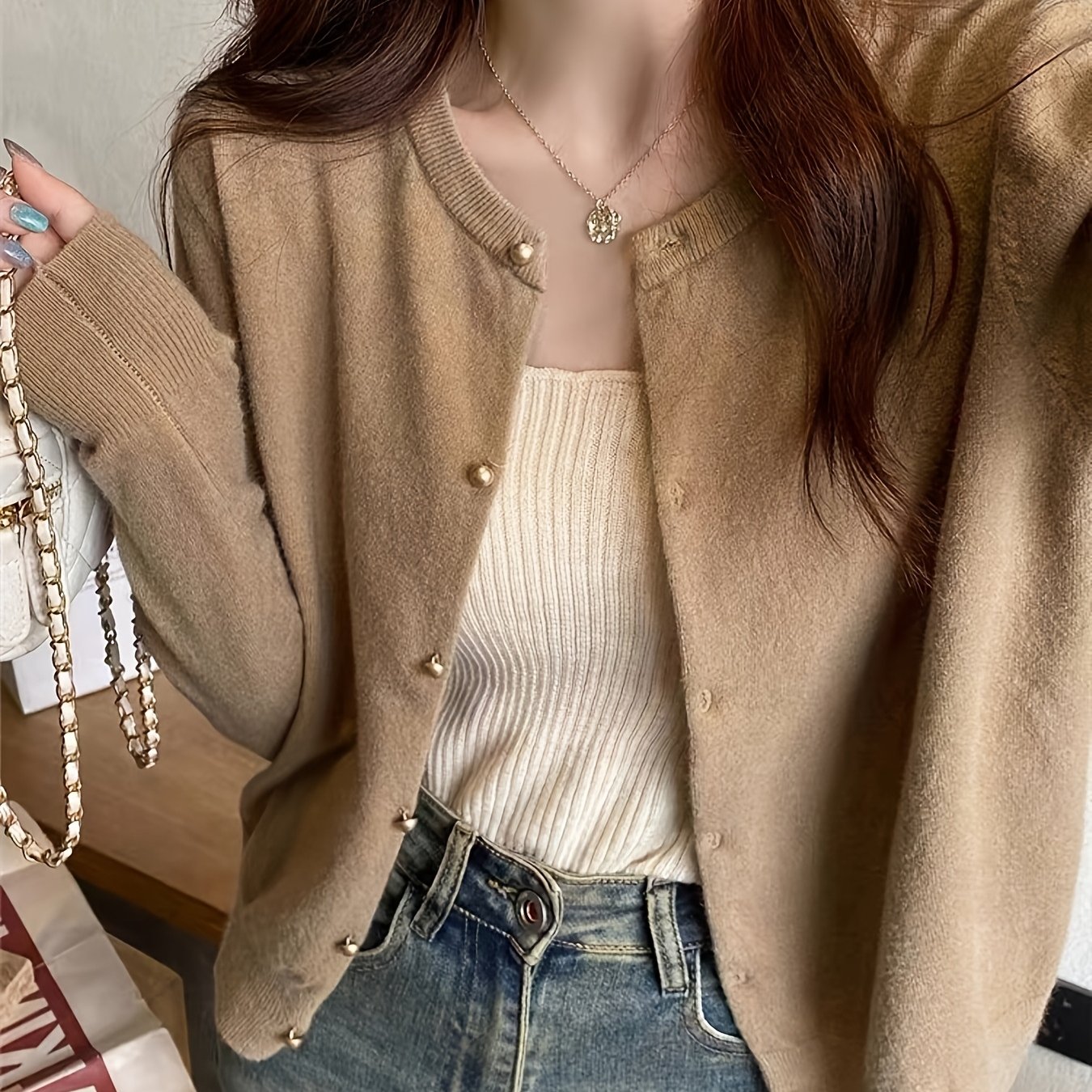 TEMU Nouveau cardigan uni à une rangée de boutons et à manches longues pour femme, pull ample pour de , haut doux et polyvalent