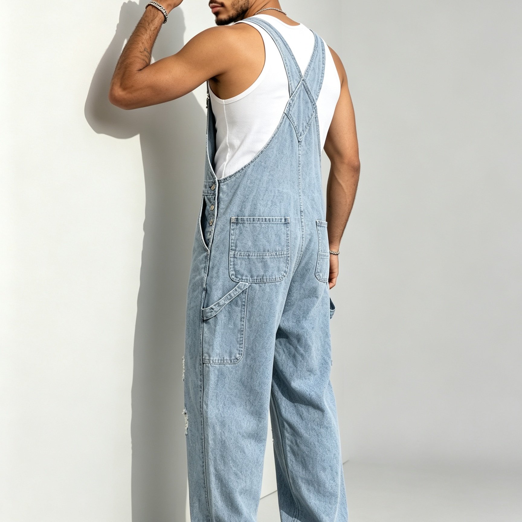 Image of Allsro L407 Spring Summer Men Casual Overalls 3 Dimensional Fit Multi Work Pants Classic Washed Blue Stretch Fabric Machine Washable Suitable For Essential Mens Denim Jumpsuit For Street Style E