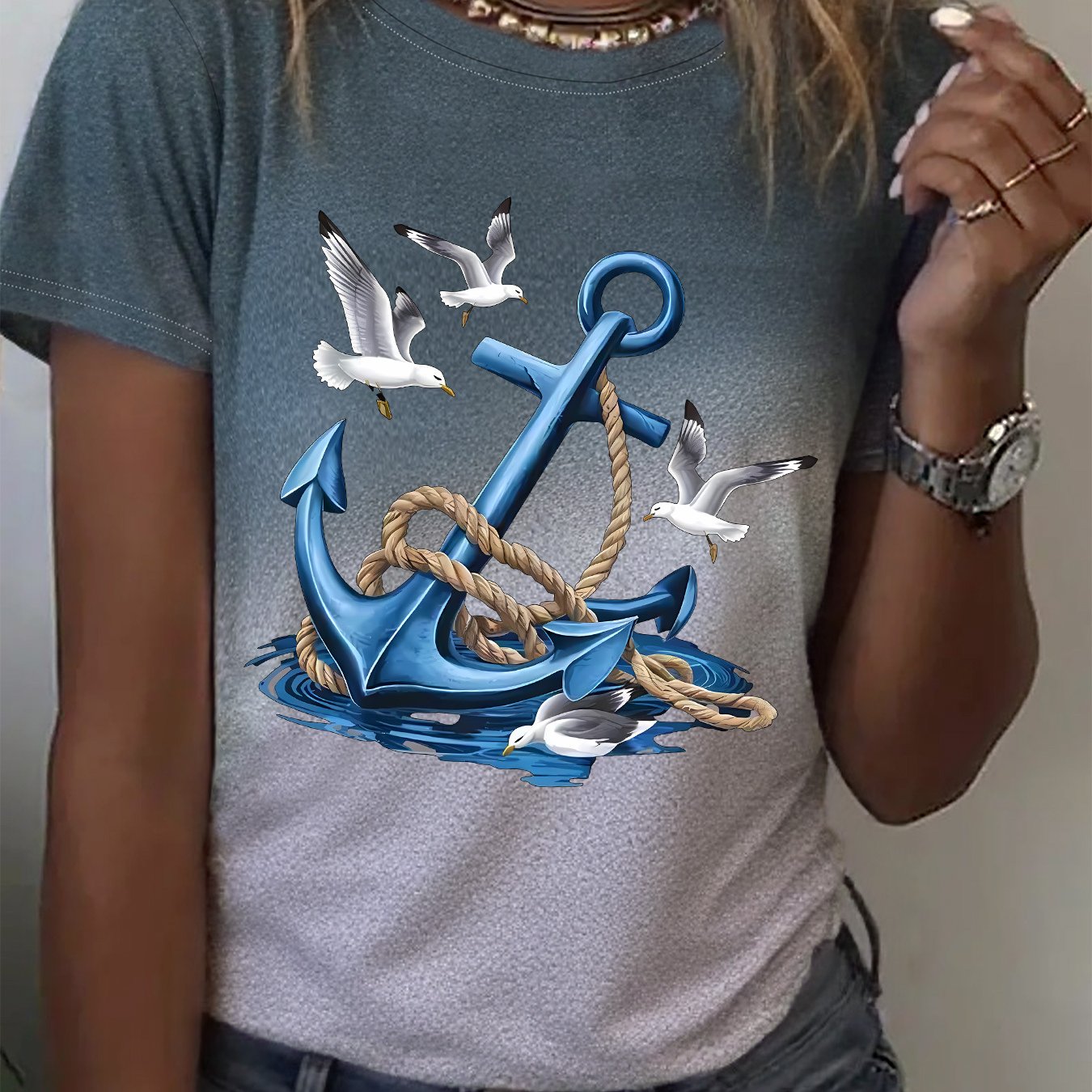 TEMU 4.16 Damenmode T-Shirt, bedrucktes Color-Block T-Shirt mit Rundhalsausschnitt, lässiges Kurzarm T-Shirt für Damen mit Rundhalsausschnitt