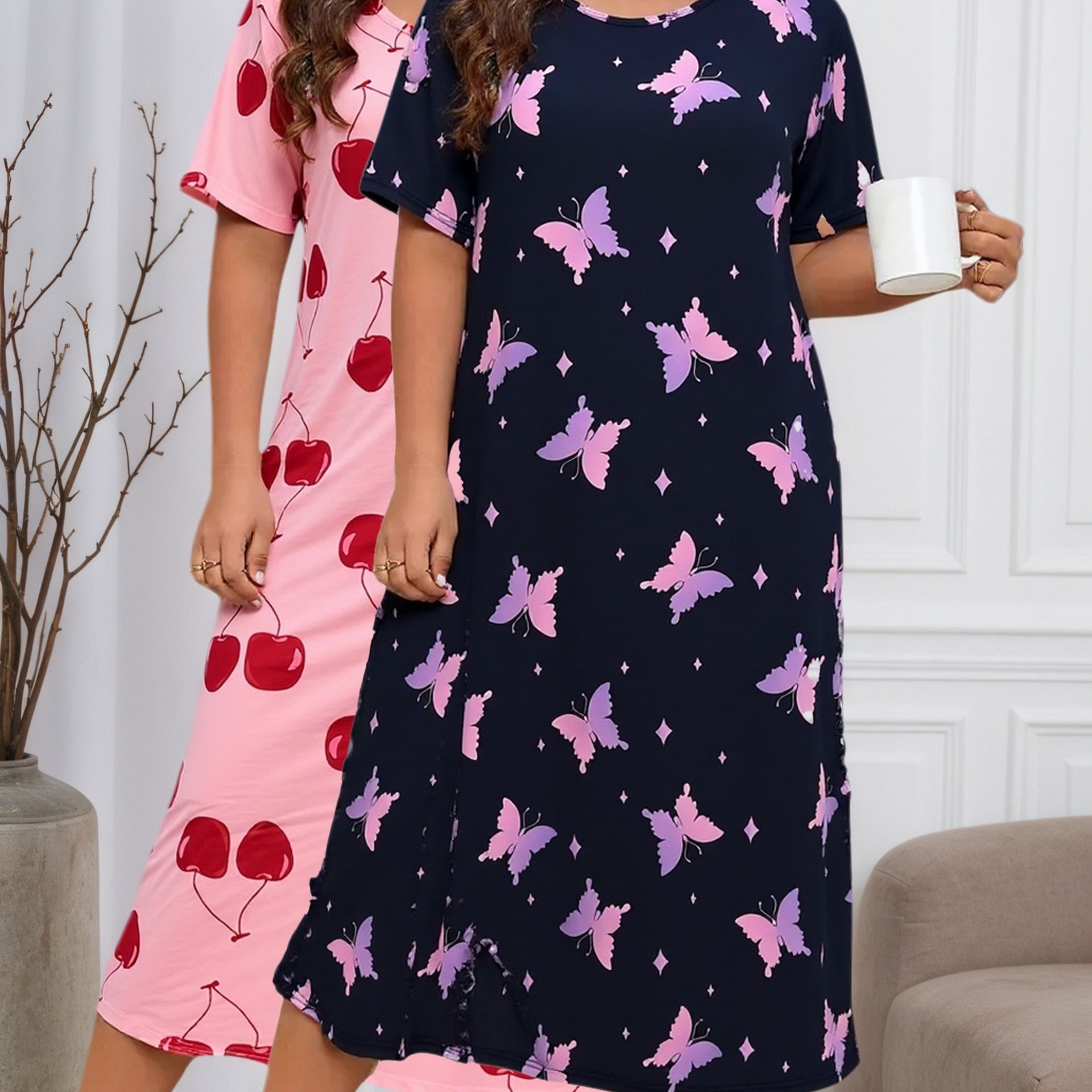 Image of Women's Plus Size 2pcs Sleep Dress Set With /cherry Print, Casual Sleep Dress Wearable Outside And Machine Washable