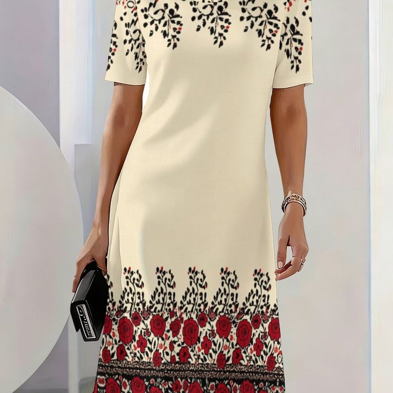 Plus Size - Plus Size - [printed Pattern Non-3d Texture] Casual Plus Size Women's Dress, Easy Outdoor Women's Round Neck Short Sleeve Dress For Vacation Holiday Dresses