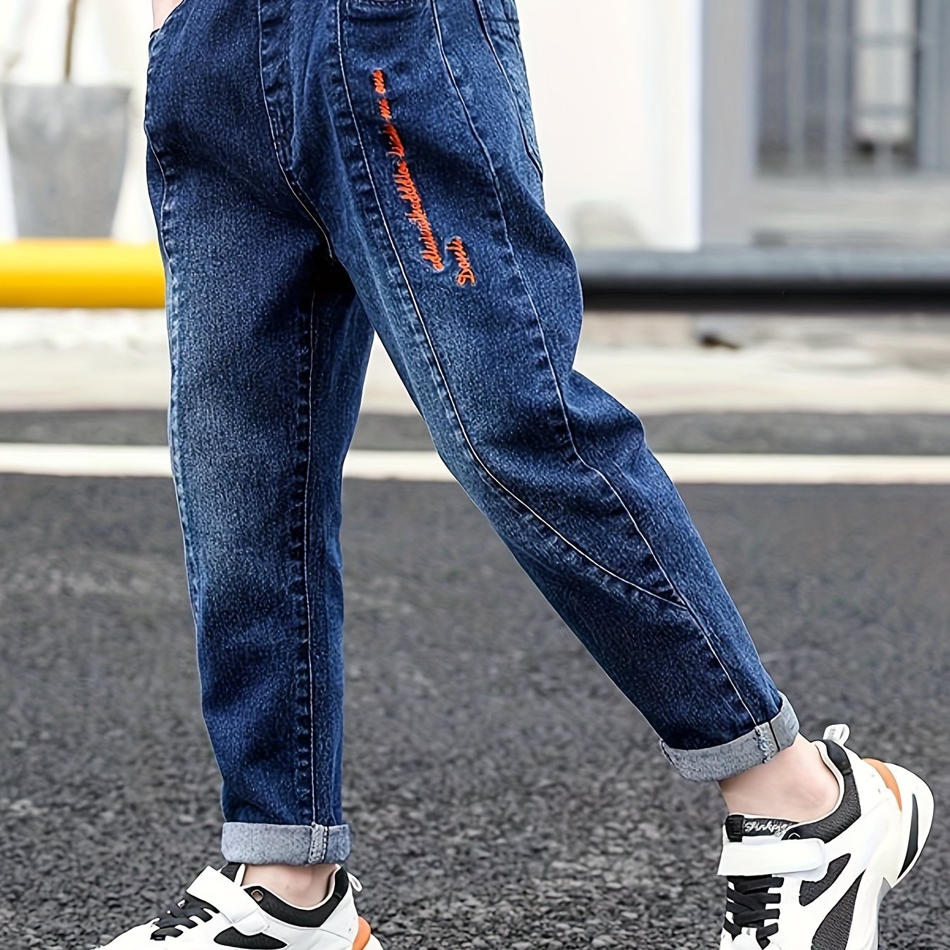 Boys' Slim-fit Denim Jeans With Letter Print - Casual & Stylish, Perfect For Fall/winter