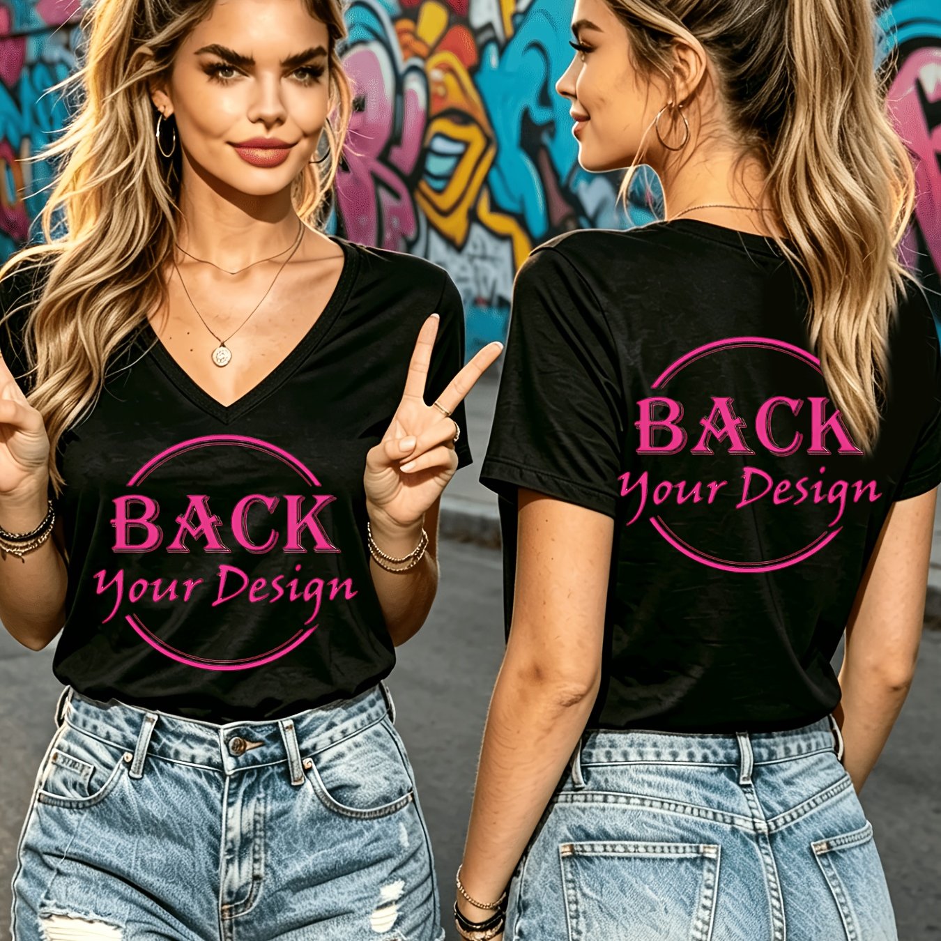 TEMU 2026 V-neck Ladies Short-sleeved T-shirt, Showcase, Front And Back Support Custom Logo And Personalized Printing Printed Slim Fit Micro-stretch