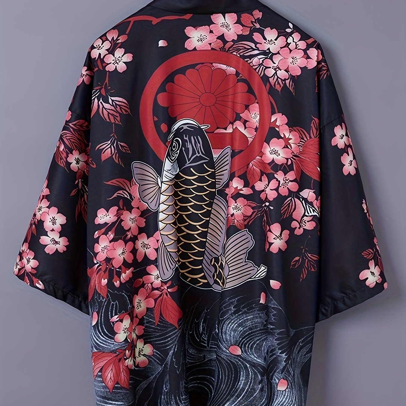TEMU Koi Print 3/4 Sleeve Robe Summer Loose Yukata Japanese Kimono Cardigan Beach Vacation Cover-up Top Men Women Couple Style Thin Coat Shirt