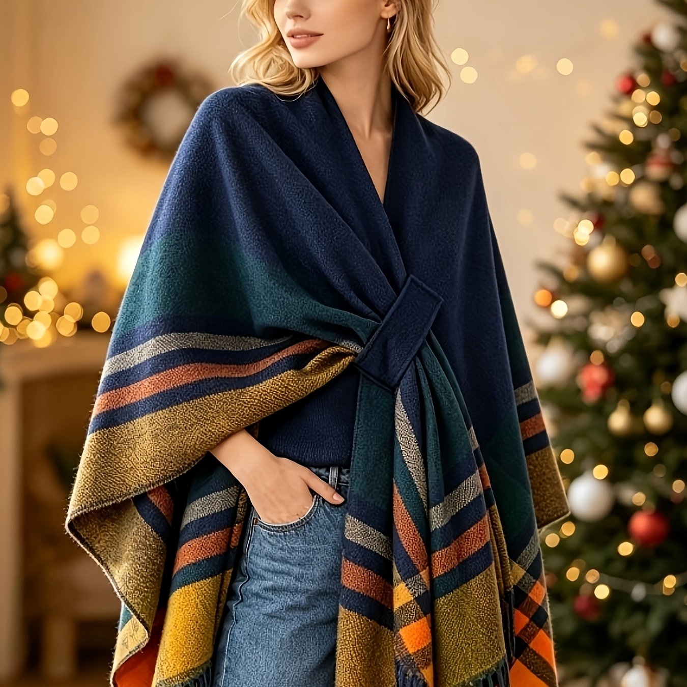 TEMU Cardigan Imprimé Femme à Ouverture , Châle Cape Pull Décontracté, Couverture Portable pour , l'Hiver et les Tenues de Soirée