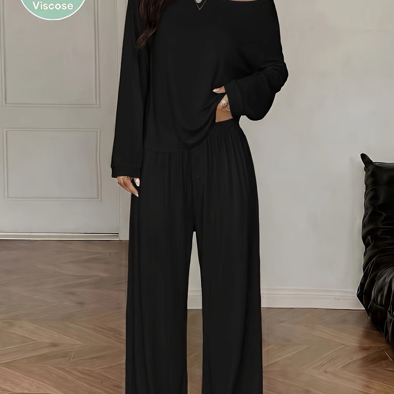 TEMU Women's Casual Outfit, Off-shoulder Loose Long Sleeve And Pants, Viscose Modal Fabric Pajama Set
