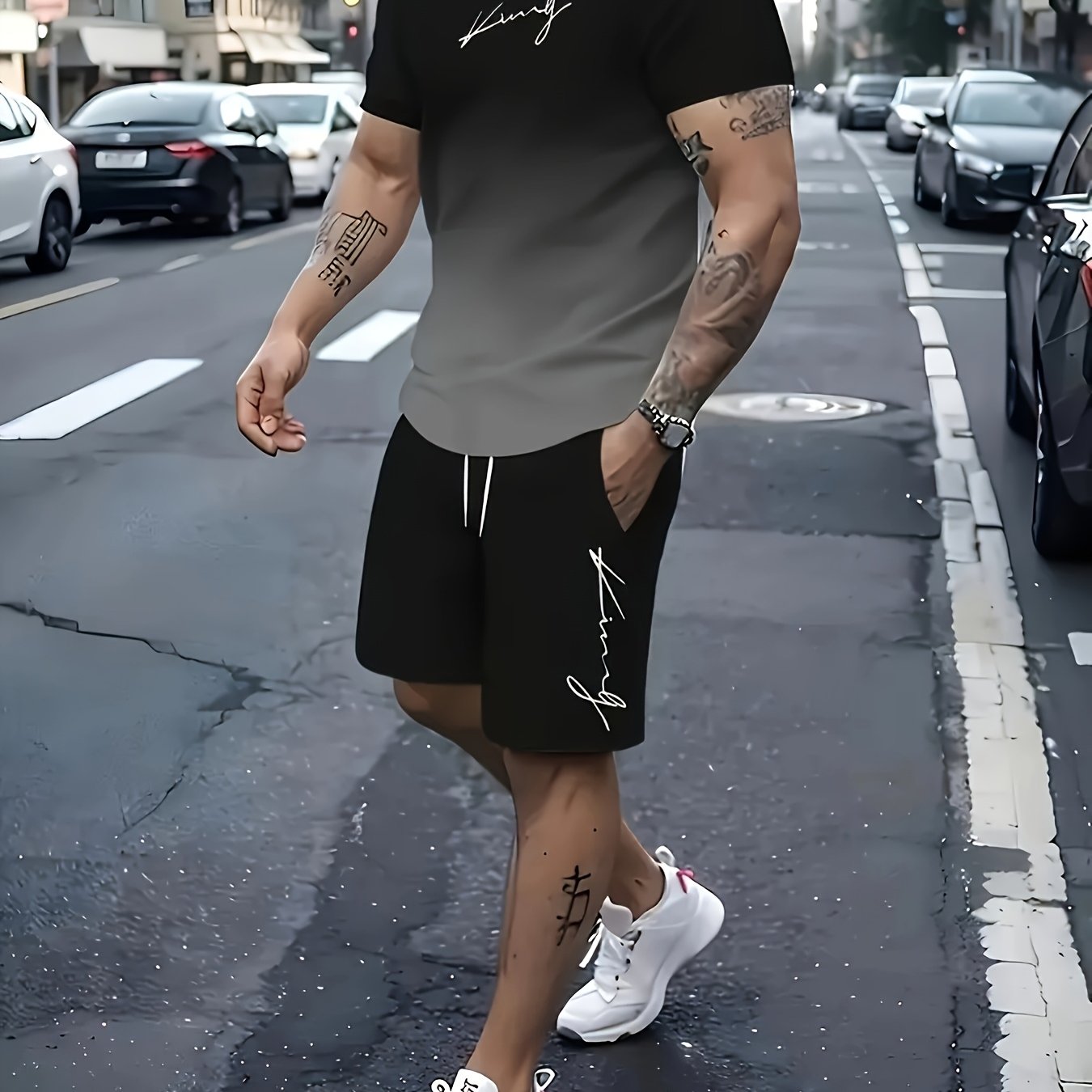 TEMU Men's Summer Casual Jogging Set - Striped Print Short Sleeve T-shirt And Pocket Shorts, Gradient Blue To Black, Polyester Material, Machine