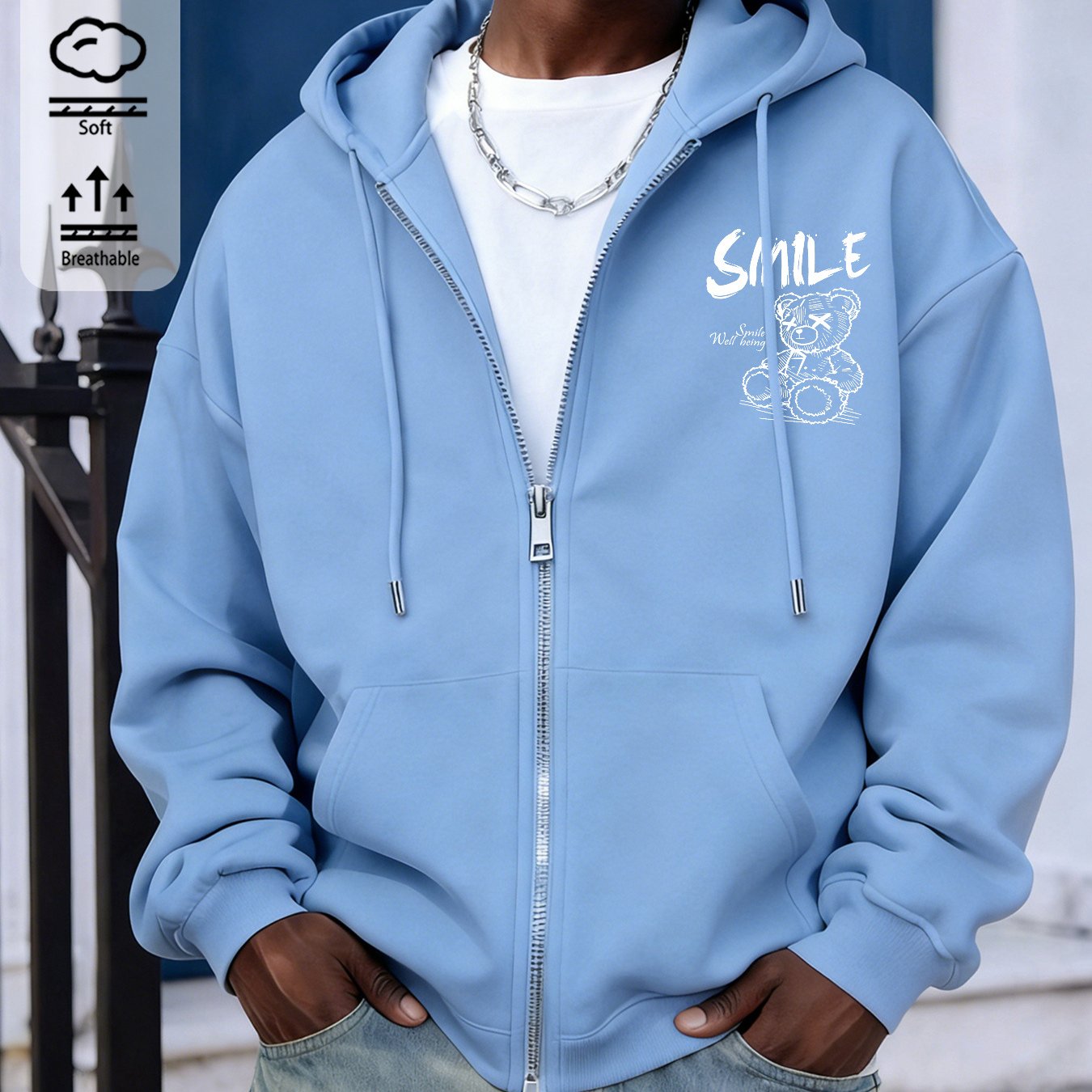 Men's Fall Zip-up Pocket Hooded Sweatshirt With Smile Bear Print, Casual Cotton Lightweight Jacket, Loose Long-sleeve Outerwear, Local Warehouse Shipping