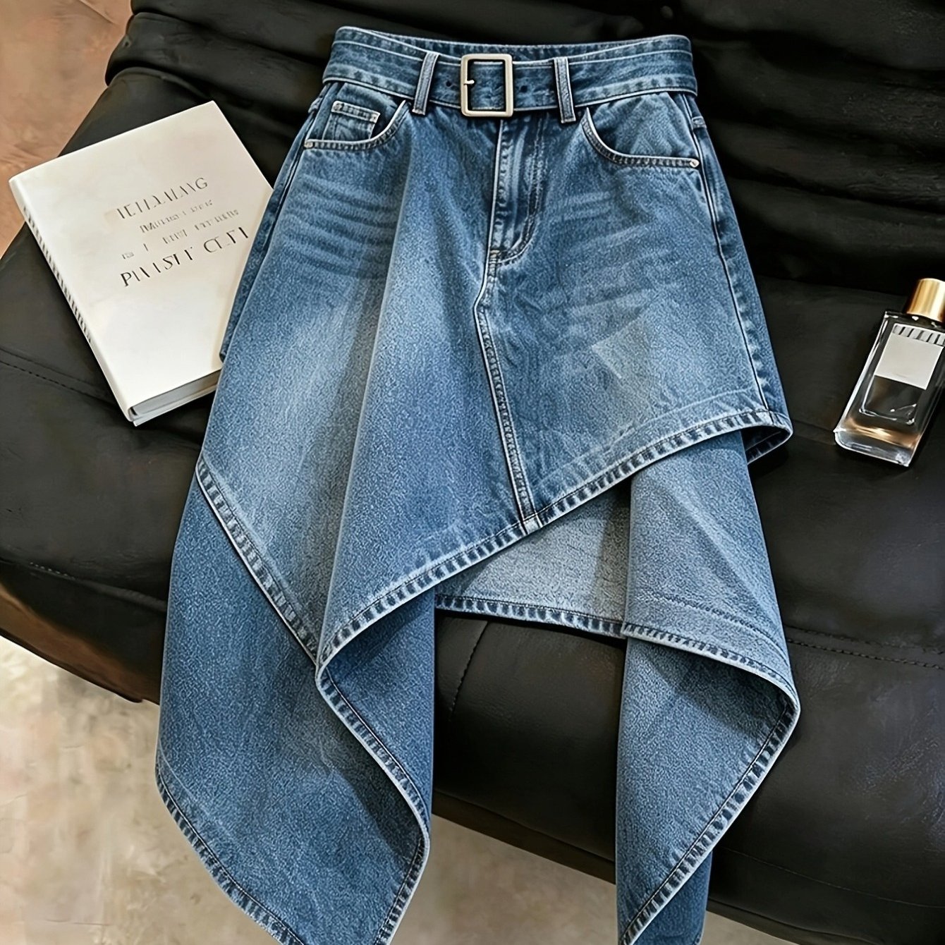 TEMU 2026 New Style Loose-fitting Skinny Denim Skirt - Blue Washed Denim Irregular Half-dress - Women's Summer Dress, Spring/summer, For Daily Wear,