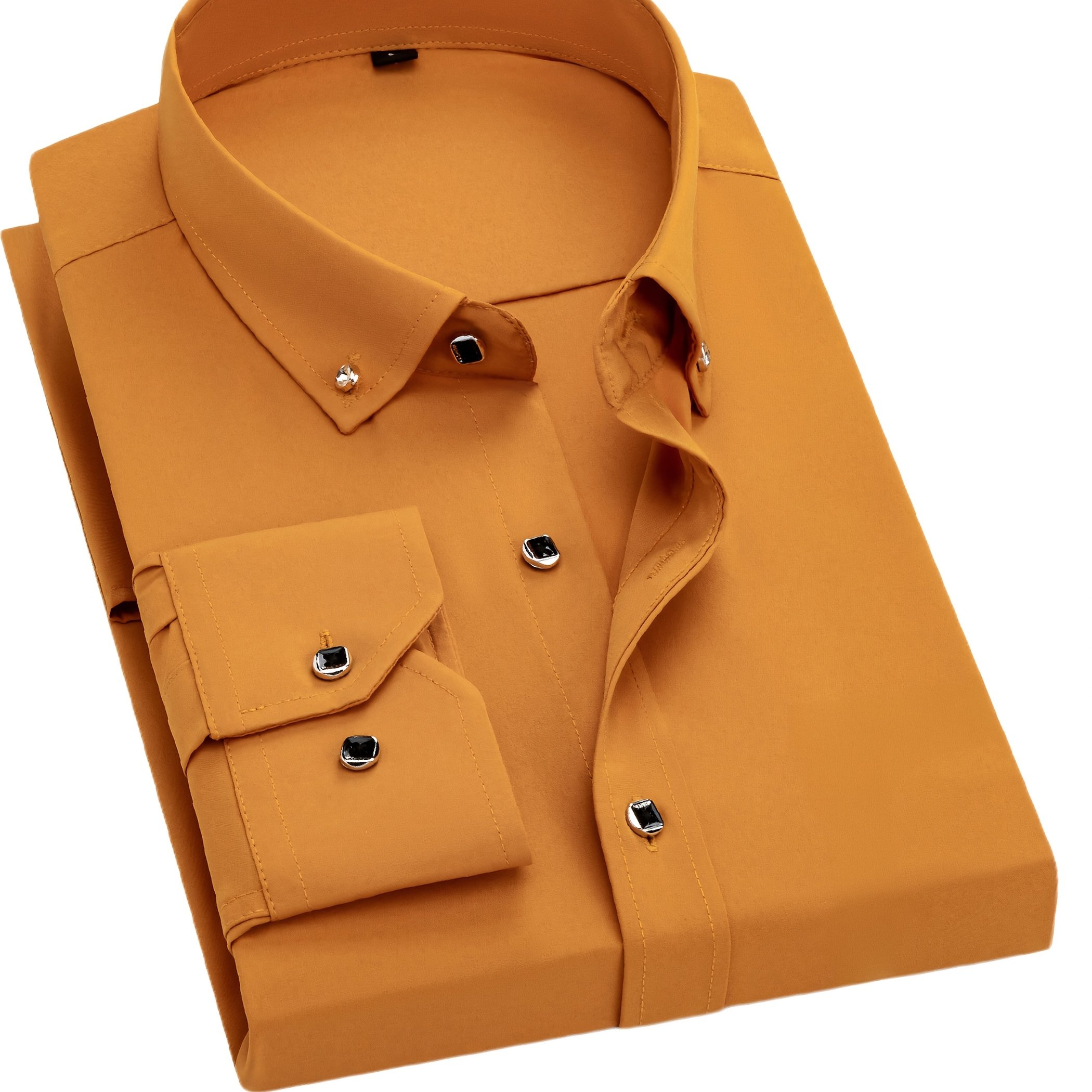 TEMU Father's Day Gift , Men's Long Sleeve Button Shirt, Crystal Button Design, Solid Color Plain Formal Business Attire, Great As Gift For Party,