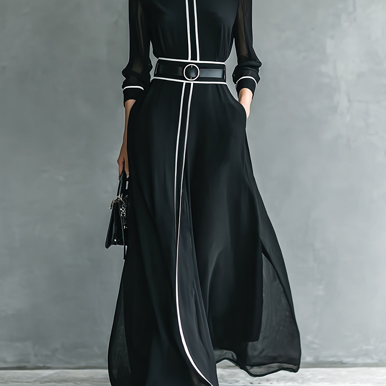 E-shop Französisches Elegantes Chiffon Langarmkleid Hoher Kragen Lange Ärmel Design Weiße Linie Dekoration Pendeln Business Party Temperament Outfit