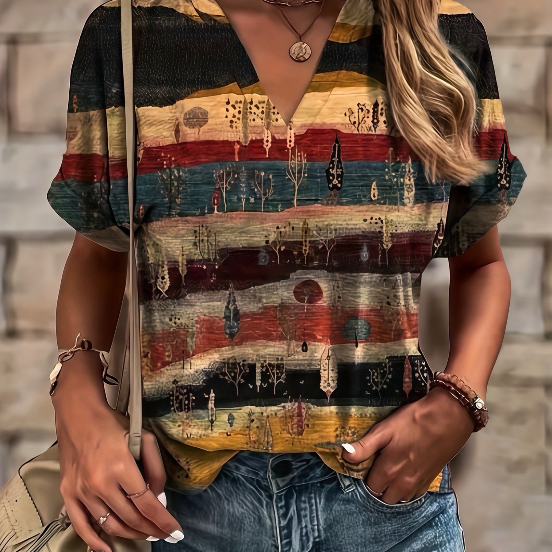 Image of Plus Size, Summer New Ethnic Print V-neck Roll-up Sleeve Fashion Casual Plus Size Women's Short Sleeve T-shirt