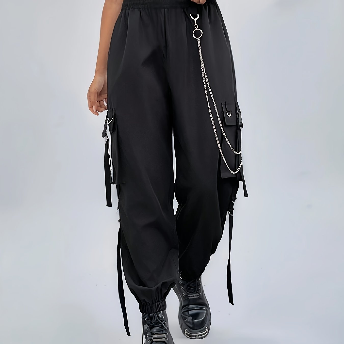 TEMU Pantalones cargo de moda Y2K para mujer con decoración de eslabones de cadena - Tiro , multibolsillos, cinturilla elástica, perfectos para