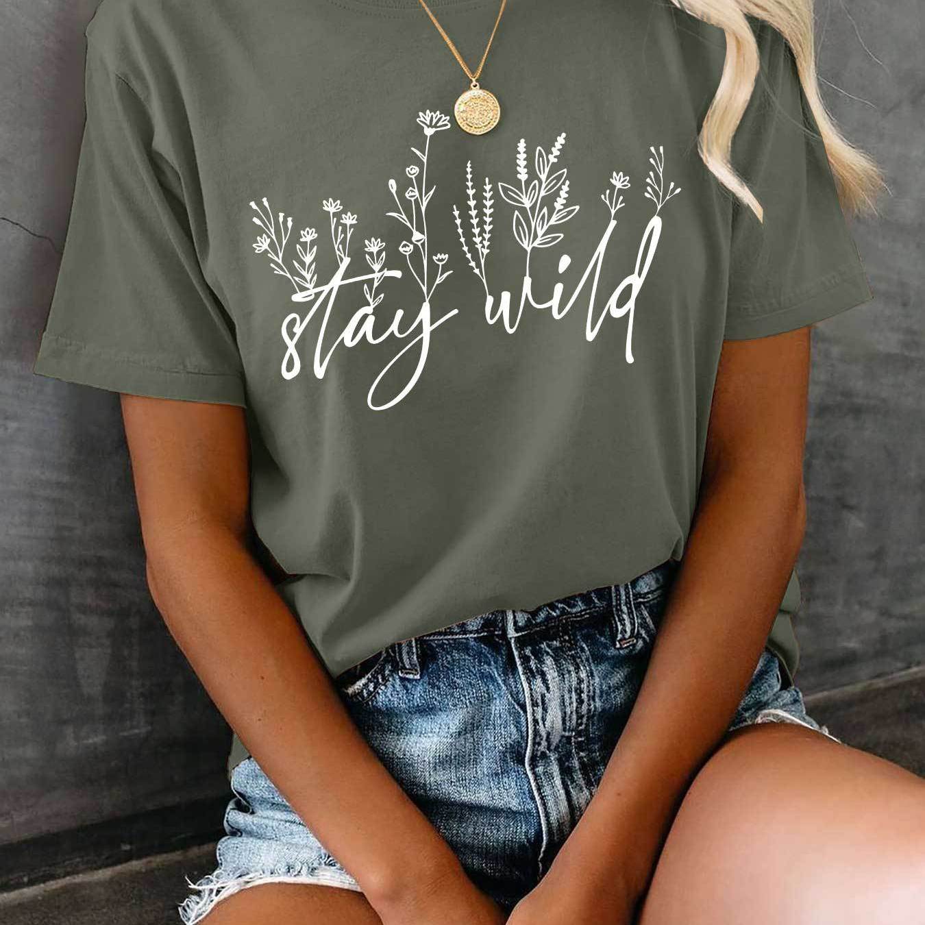 Image of Women&;s Floral & Plant Graphic Print T-shirt - Short Sleeve Crew Neck Casual Top, Olive Green, Machine Washable For , Ladies T Shirts, Summer Fashion