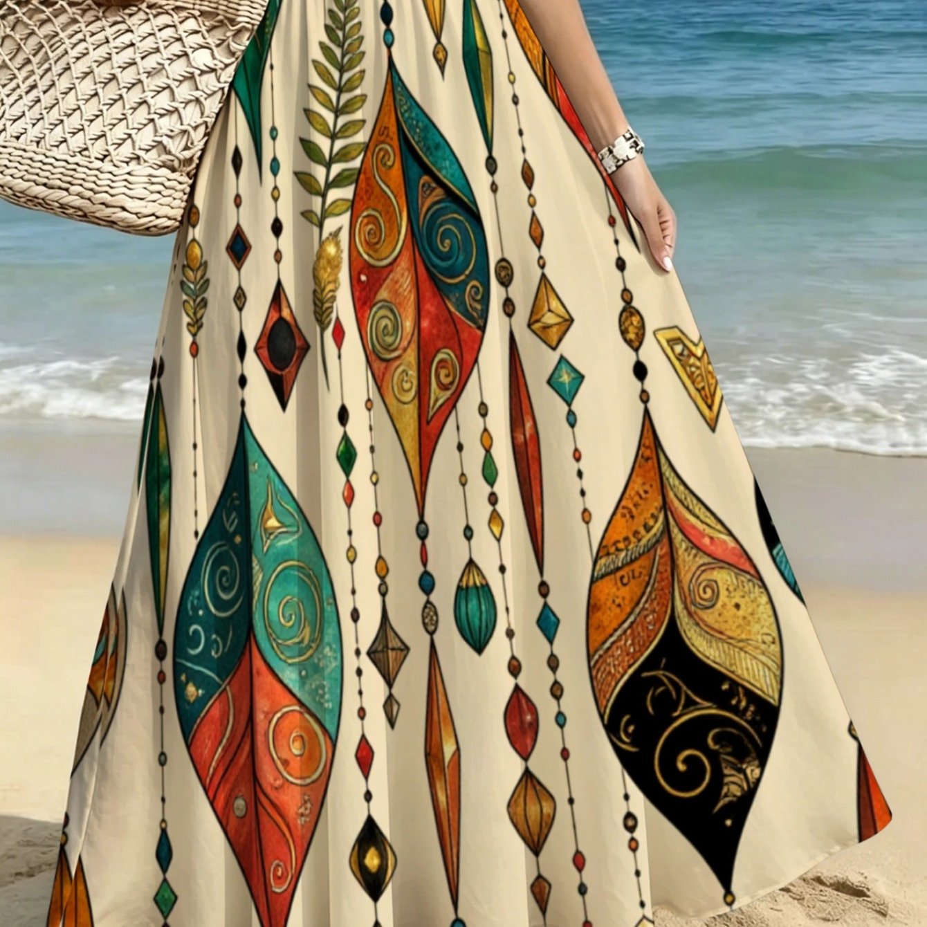 TEMU Lianyaoshi Boho Maxi Skirt - Bohemian Full-length Skirt With Vibrant Geometric Print, Lightweight Flowy Beach Skirt Suitable For Summer