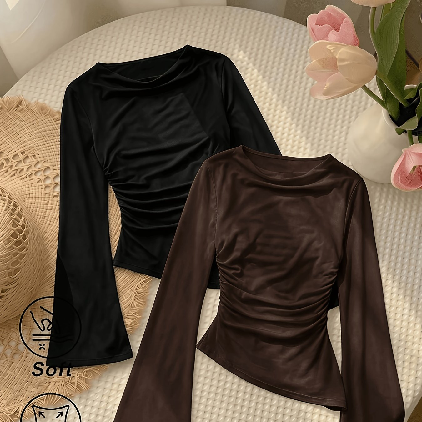 TEMU 2pcs Set Solid -shoulder Long Flared Sleeve Top With Asymmetrical Hem And Fitted , Suitable For Parties, Date Nights, Valentine's Day, Spring,