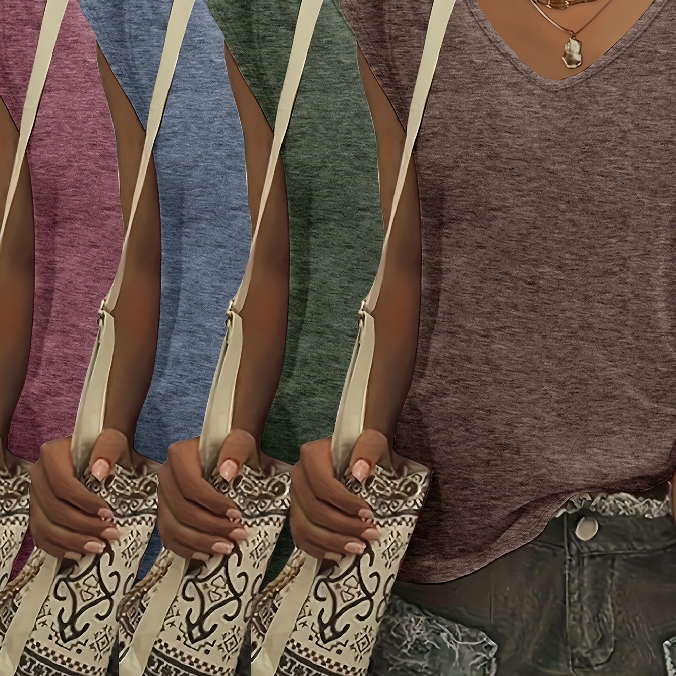 TEMU Set Of 4 Solid Color T-shirts Made Of Spring And Summer Stretch Fabric