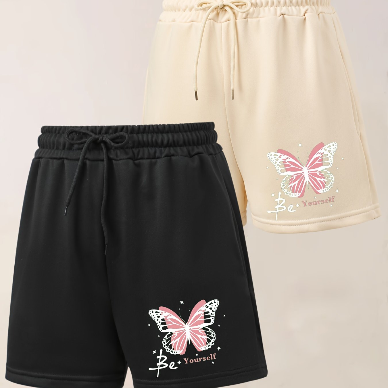 TEMU 2pcs Women's Casual Jogger Shorts - Print, Drawstring Loose Fit Summer Athletic Shorts, Machine Washable