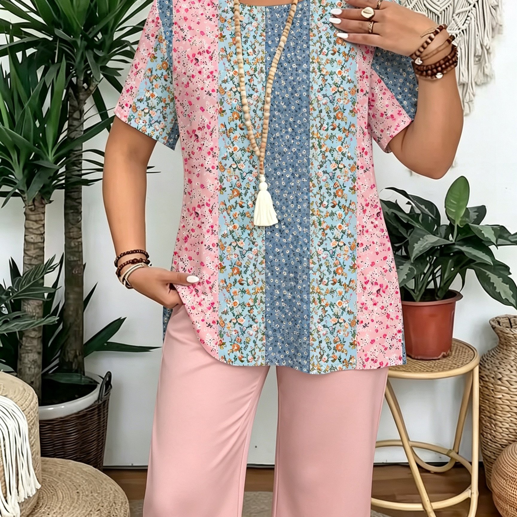Image of Plus Size, Directed Payment, Plus Size Women's Suit, Elegant And Fashionable Round Neck T-shirt, Small Floral Print 2pcs Set, Suitable For Home, Travel, Parties, Vacation.