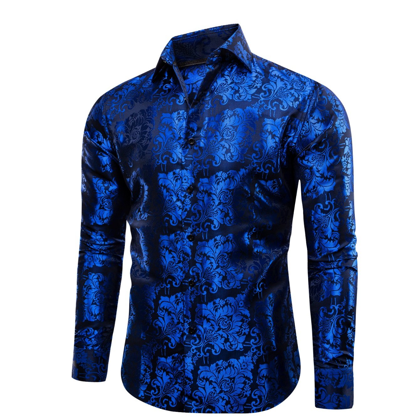 Men's Formal Shirt In Navy Blue With Embossed Jacquard, Featuring A Slim Fit And Long Sleeves, Suitable For Business Events And Weddings