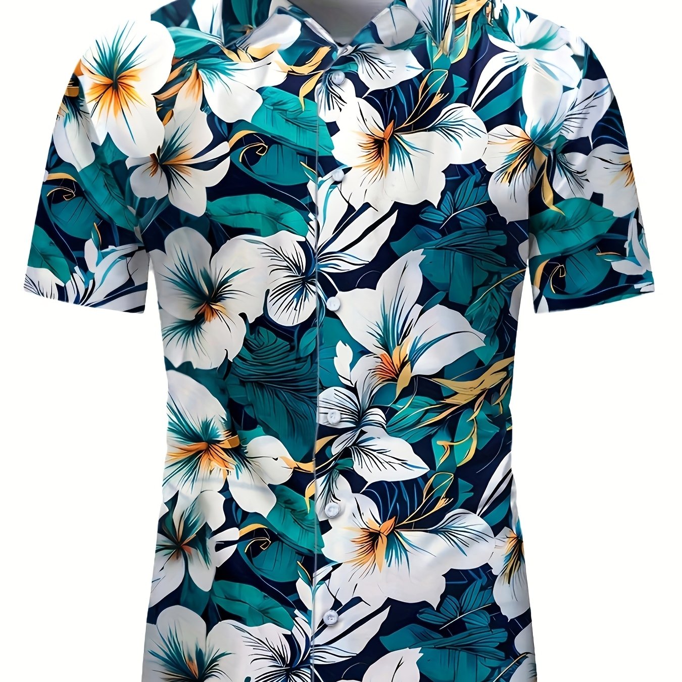 Image of Men's Hawaiian Vacation Beach Shirt - Tropical Floral Print Short Sleeve Shirt, 95% Polyester 5% Spandex, Lightweight 120gsm, Machine Washable, Regular Fit For Summer Travel & Casual