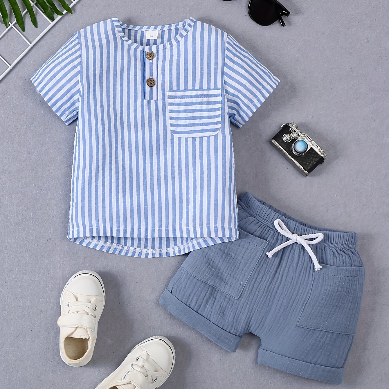 Image of Baby Boy's Striped Pocket Top + Bubble Pocket Shorts, For Outdoor