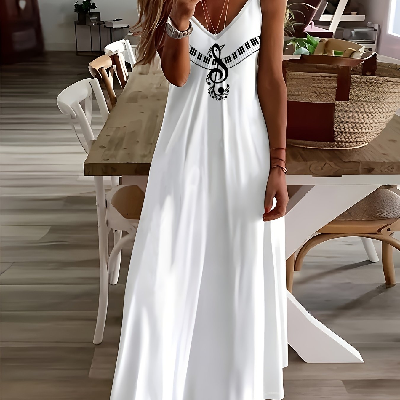 Musical Score Print V-neck Cami Dress