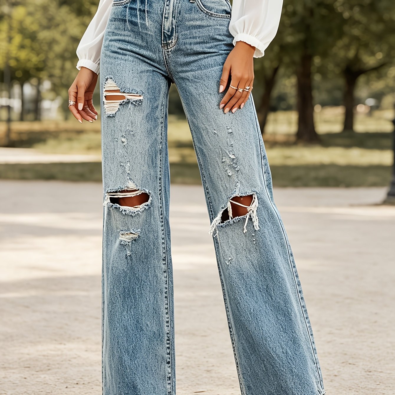 TEMU Women's Cool Ripped High-waisted Straight-leg Jeans New Streetwear Casual Pants Stretch Washable Fabric Comfortable And Versatile With Pockets
