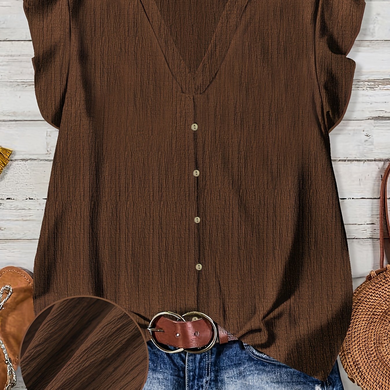 TEMU Plus Size - Plus Size - Plus Size Women's Summer Elegant Solid Color V-neck Short Sleeve Blouse