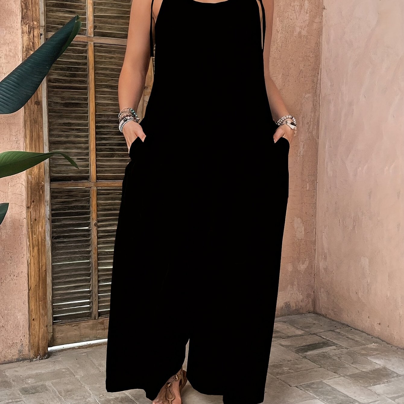 E-shop Urlaubs-Freizeit-Jumpsuit in Unifarben, Lockerer Schnitt, Dünne Träger mit Bindeverschluss, Geeignet für Frühling/Sommer/Herbst