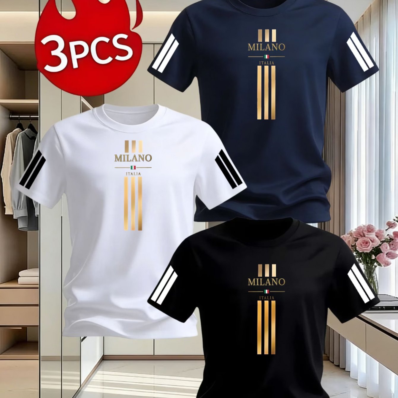 TEMU 3pcs Men's T-shirt Set, Featuring A Milanese Italian Striped Design Pattern, Stylish Print T-shirts, Suitable For Casual Wear, Fitness, And ,