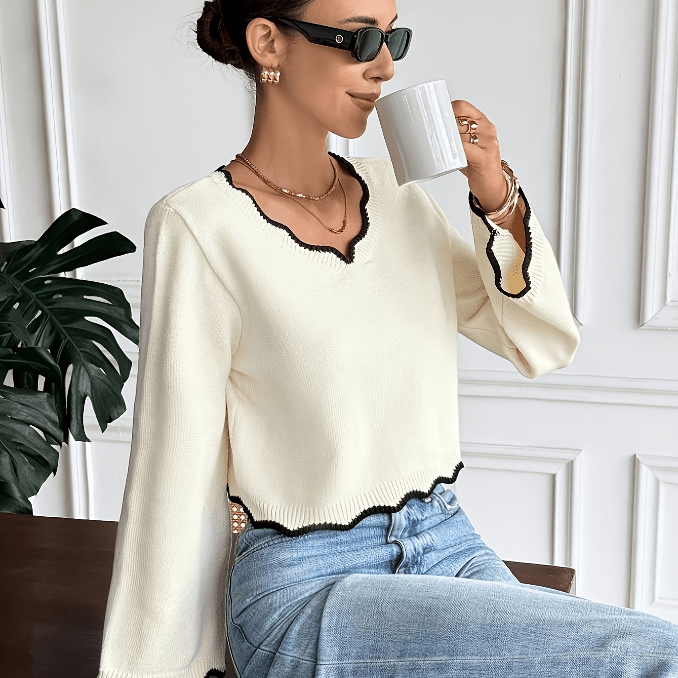 TEMU corto autunnale da donna con a bisellatura a , scollo a V, maniche lunghe a campana, pullover stile francese chic, top a costine