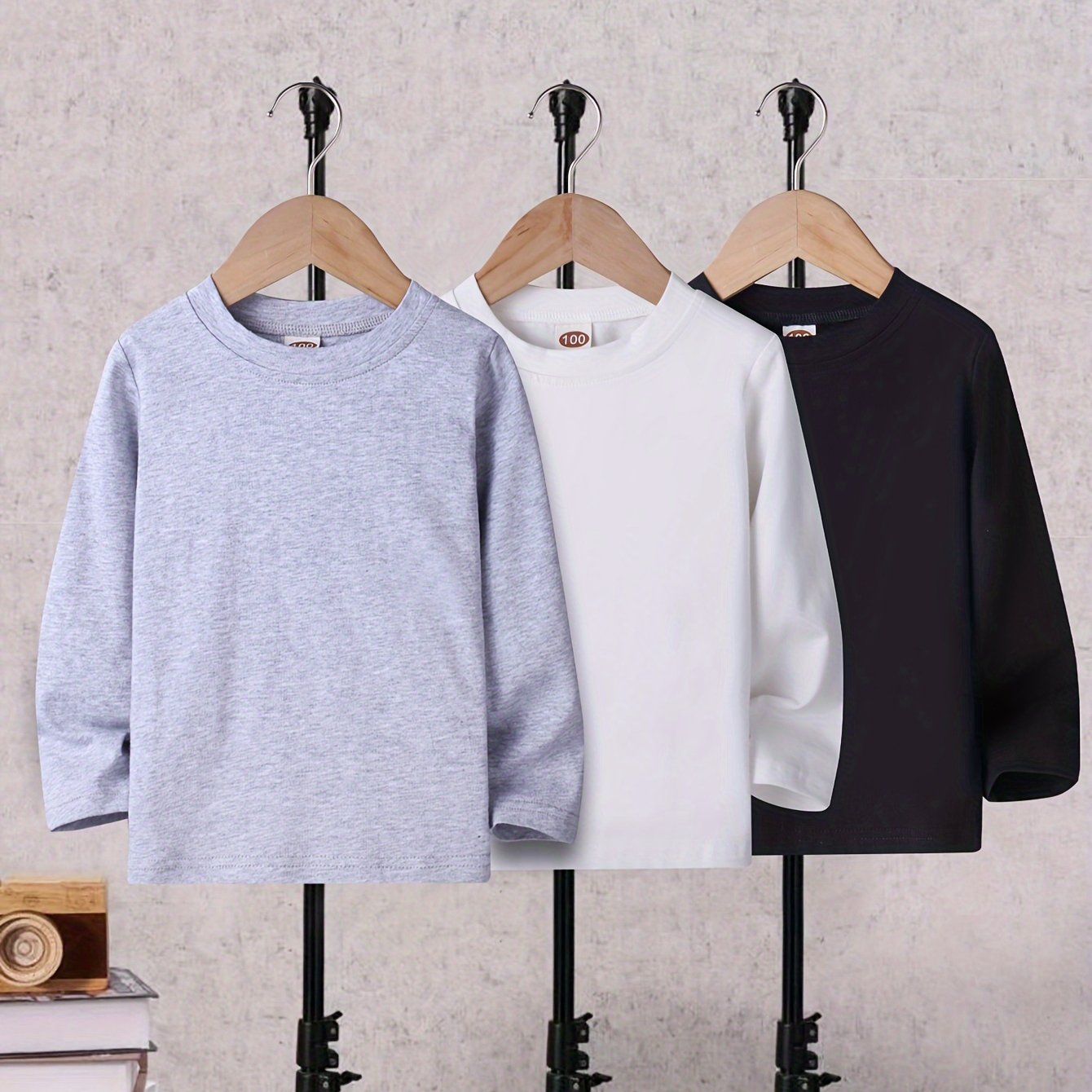 Boys' Solid Round Neck Long Sleeve T-shirts 3-pc