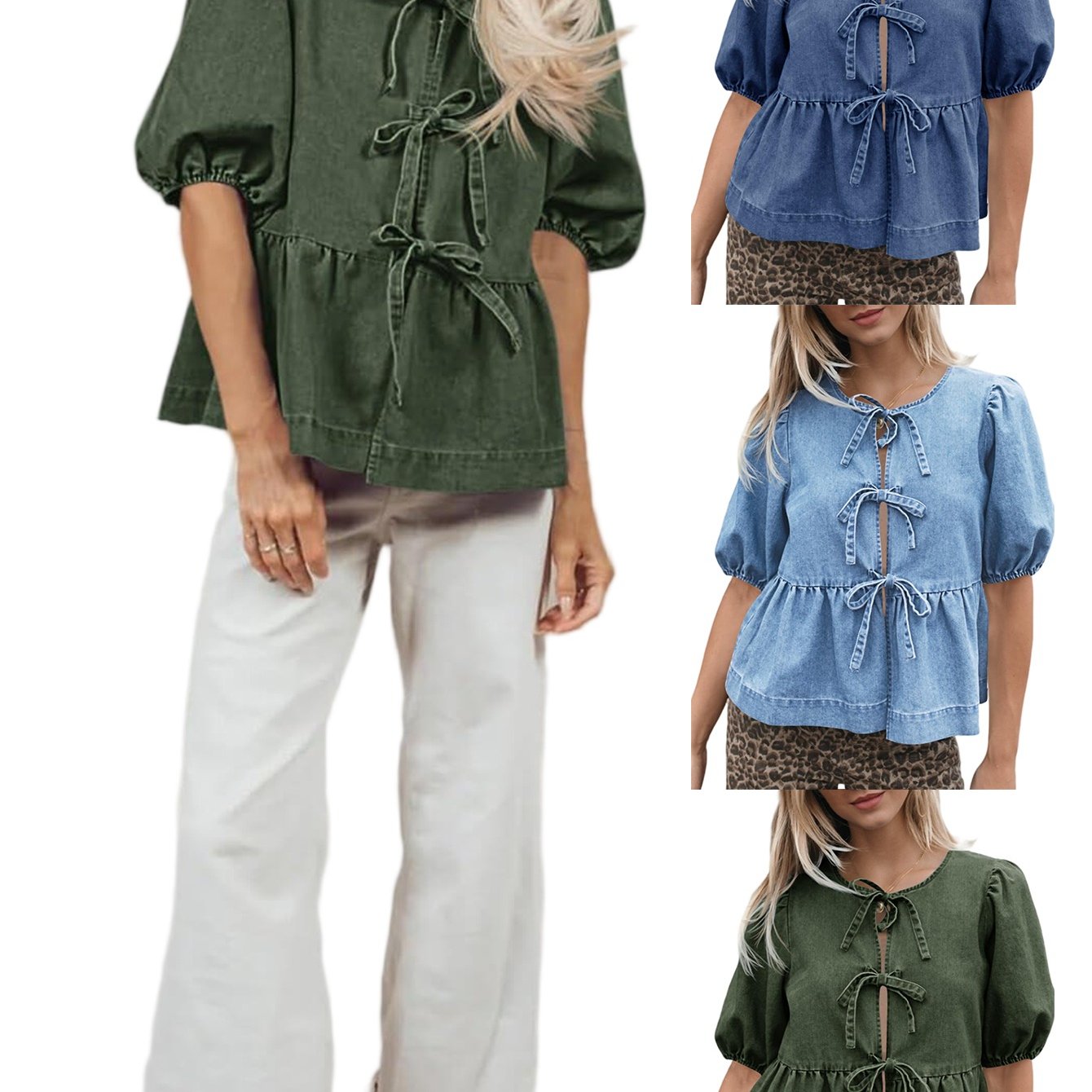 Image of Womens Denim Tie Front Tops Babydoll Peplum Puff Sleeve Jean Shirts Crew Neck Summer Casual Bow Blouses