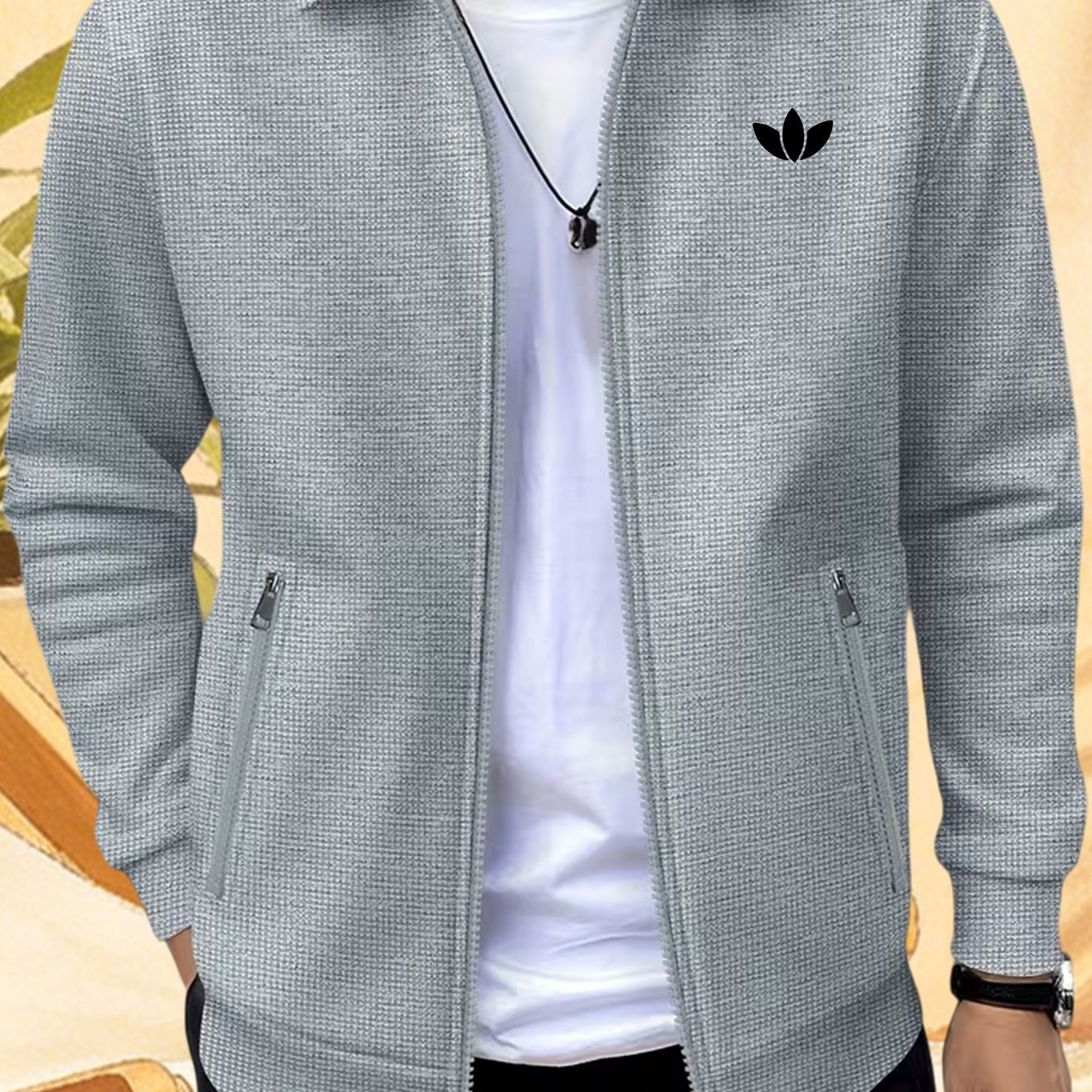 TEMU Waffle Jacket With Collar & Zipper Closure - Spring/fall Cardigan, Zippered Front Suitable For Casual Outerwear, Blazer For -casual Office Wear,