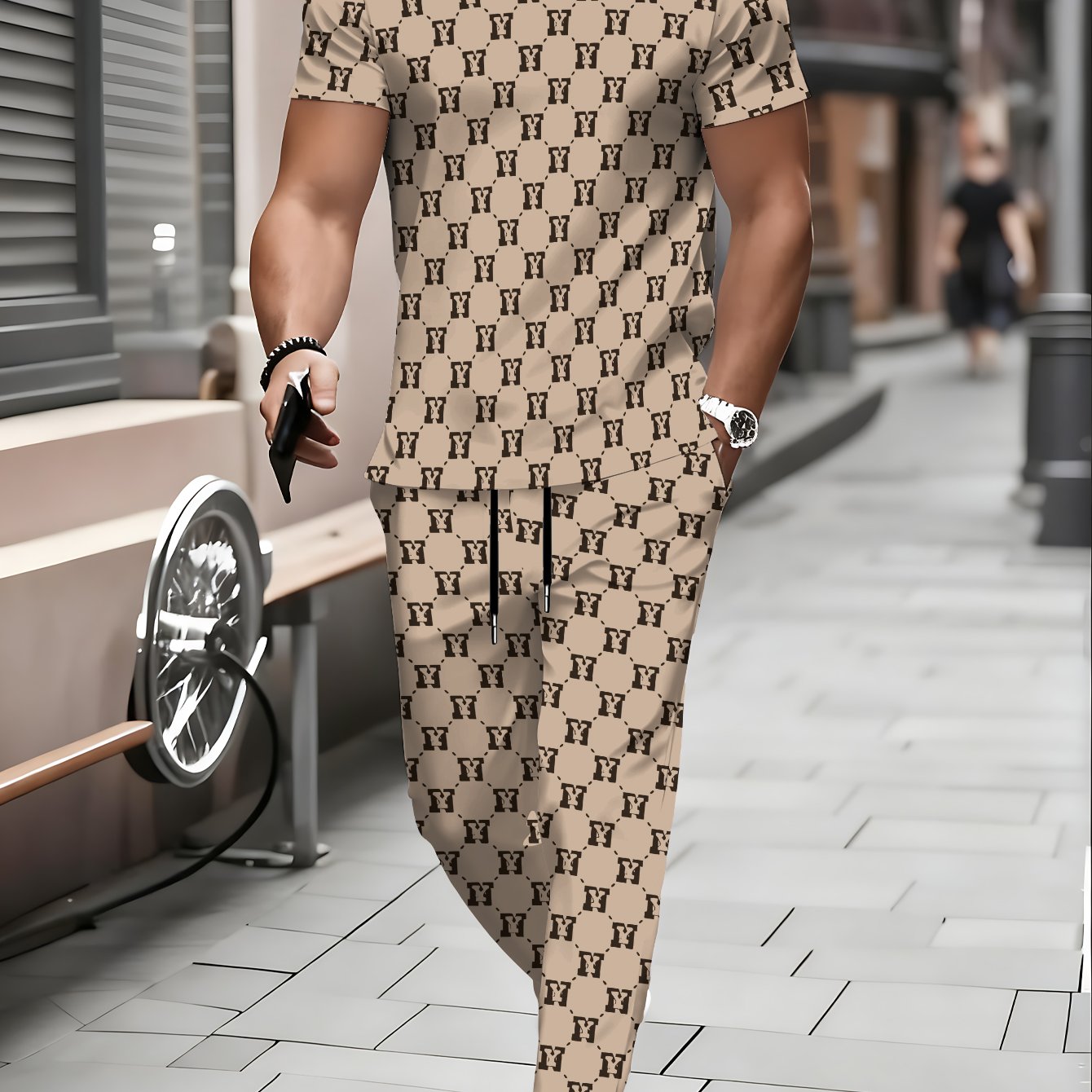 TEMU Men's Short-sleeve Crew Neck T-shirt And Comfortable Long Pants Set, Featuring An Elegant And Casual Crew Neck Design With Slightly Stretchy