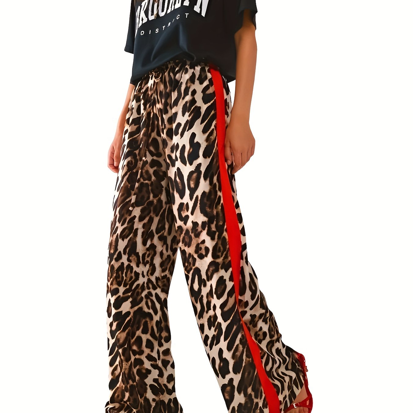 TEMU Women's Print -leg Pants Side - Casual Straight-cut, Waistband & , Breathable Polyester Blend