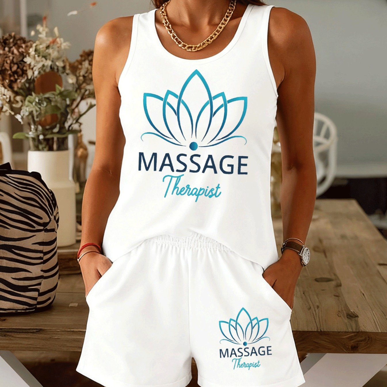 TEMU Style For Lotus Flower Themed Vest Set For Women, Sleeveless Vest And Shorts, Professional Casual 2pcs Set, For Spring And Summer, Comfortable
