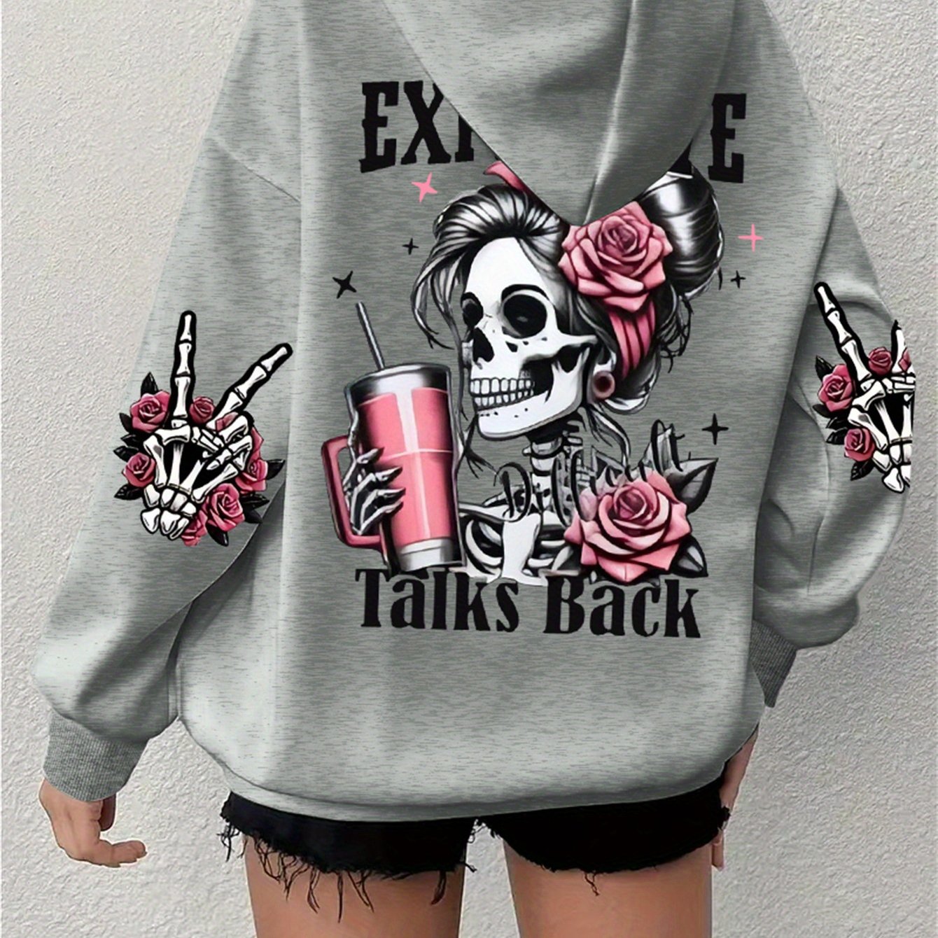 Plus Size - Plus Size - Popular Extended Hoodie With Long Sleeves Featuring A Skull And Letter Print, Casual Oversized Sweatshirt