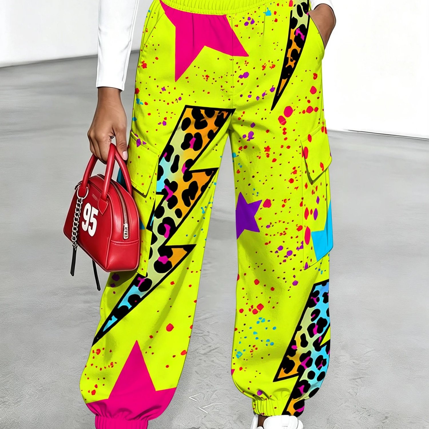 TEMU Women's Cargo Pants, Bright Neon Yellow Base With Multicolor Splatter, Colorful Stars And Leopard Print Lightning Retro Print Design, Suitable